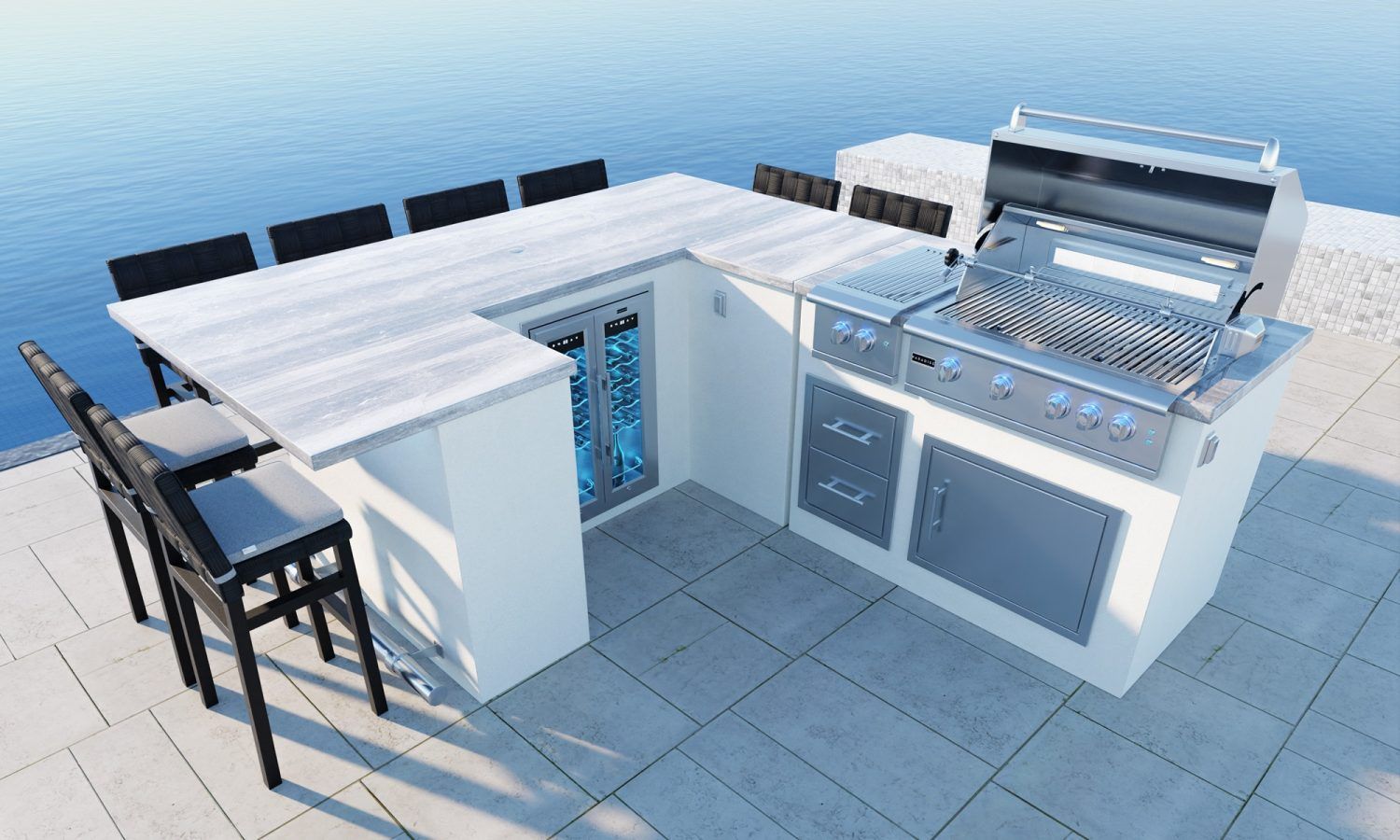 A 3d model of an outdoor kitchen with a grill and stools