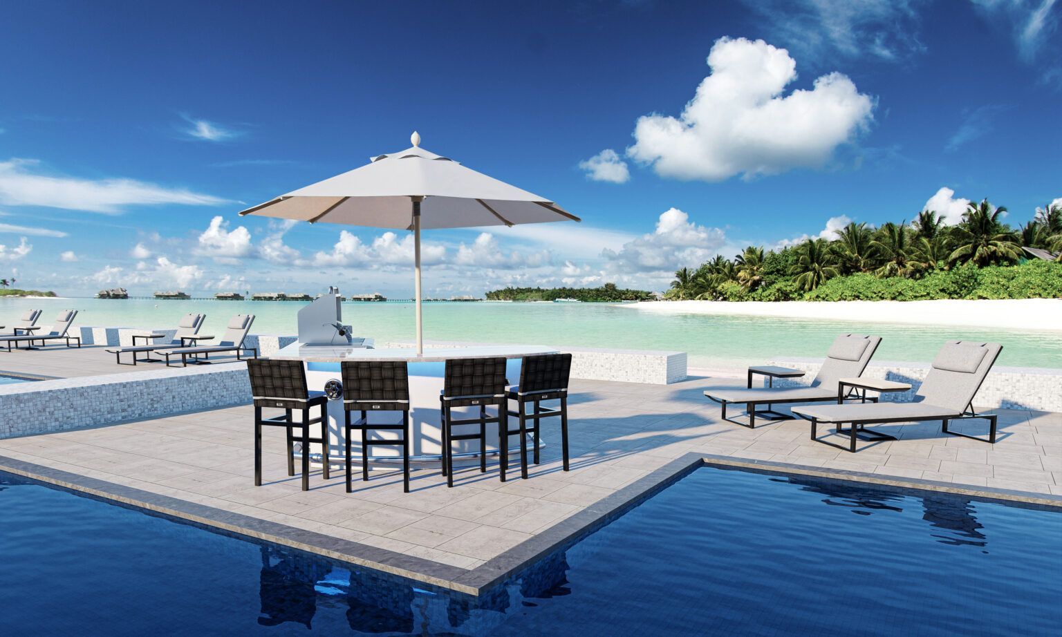 A Swimming Pool with a Table and Chairs and an Umbrella — Brookhaven, PA — Grills Outdoor Kitchens