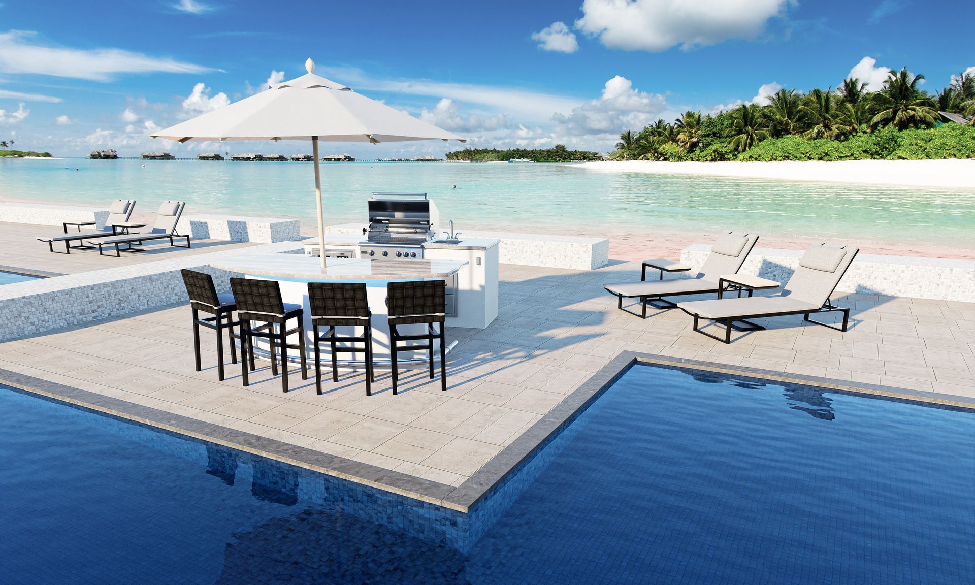 A swimming pool with a table and chairs next to it