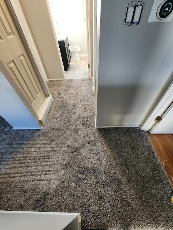 Hallway with gray carpet, leading to a bathroom and other doorways. 