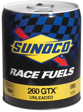 Sunoco 260 GTX race fuel can. Blue, yellow, and black checkered background.