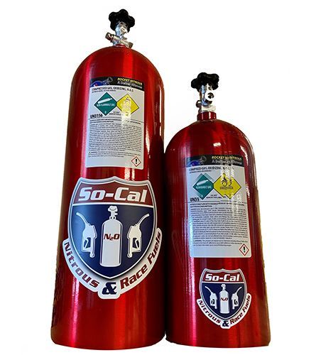 Two red So-Cal nitrous oxide tanks with black valves and safety labels.
