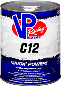 Can of VP Racing Fuels C12, blue, white, and red branding. Contains flammable liquid for racing vehicles.