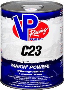 Can of VP Racing Fuels C23, blue, red, and white, with safety warnings.