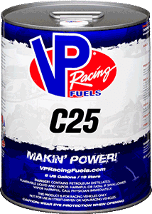Blue, white, and red VP Racing Fuels can labeled C25, containing 5 US gallons of gasoline.