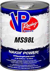 Blue and white VP Racing Fuels can labeled 