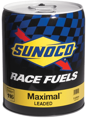 Sunoco Maximal 116 leaded race fuel can with blue and yellow checkered pattern.