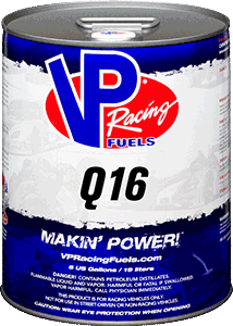 Blue and red VP Racing Fuels Q16 fuel can, white text, 