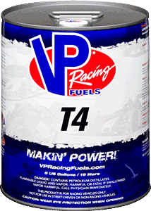 VP Racing Fuels T4 racing fuel can, blue and red branding, 5 US gallons.