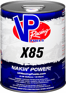 VP Racing Fuels X85 fuel can with blue, red, and white branding; reads 