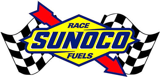 Sunoco Race Fuels logo with checkered flags, a red arrow, and a yellow and blue diamond.