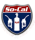 So-Cal Racing Fuels logo. Shield with blue and red details, fuel pumps, and N2O tank.