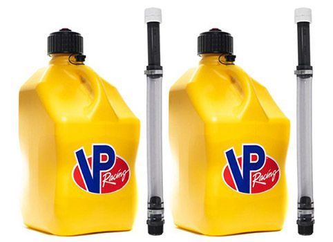 Two yellow VP Racing fuel jugs with black caps and clear dispensing spouts.