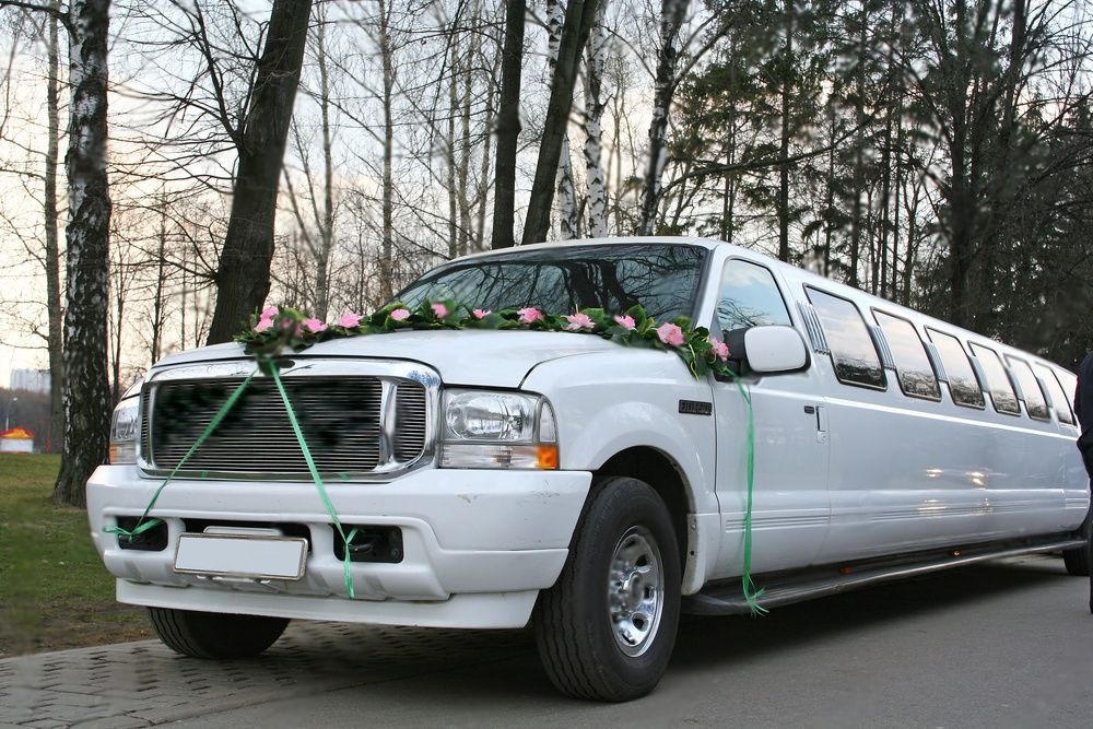 A white wedding stretch limousine from Limo Hire Sunshine Coast is decked with green ribbons and pink flowers.