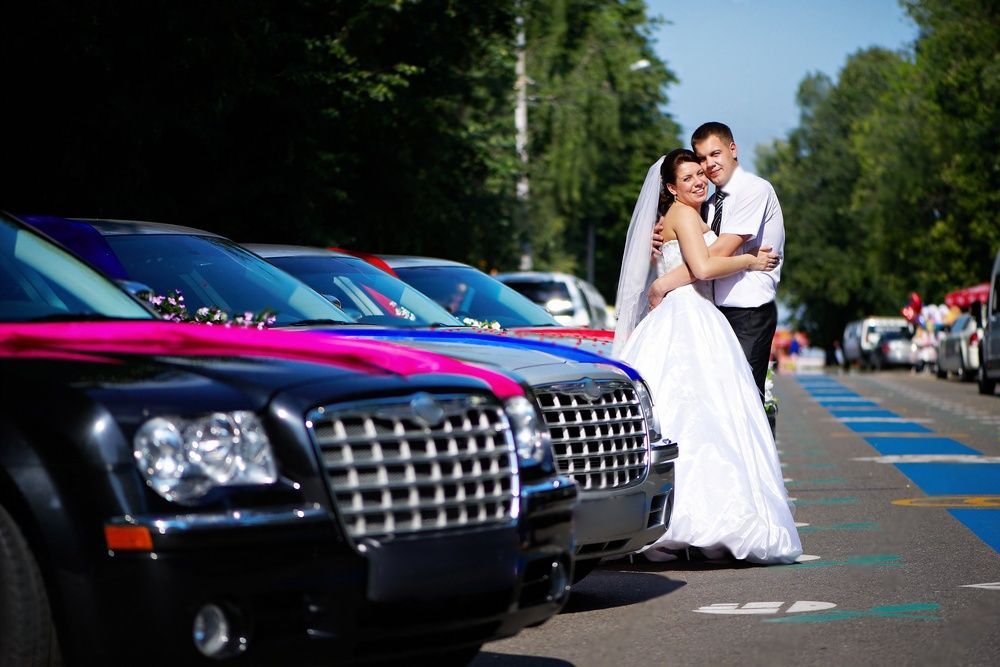 Newly married couple standing beside a row of limousines.