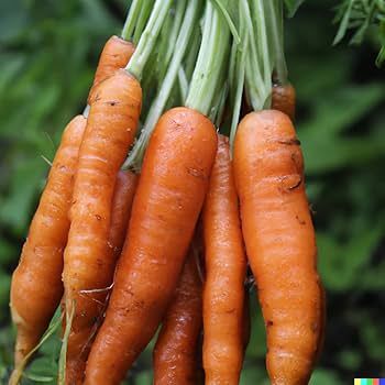Five orange carrots with green tops hanging against a blurred green background