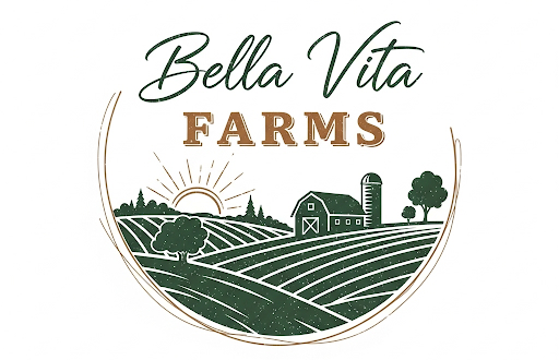 Bella Vita Farms logo with green farm fields, barn, silo, sunrise, and tree under arched text