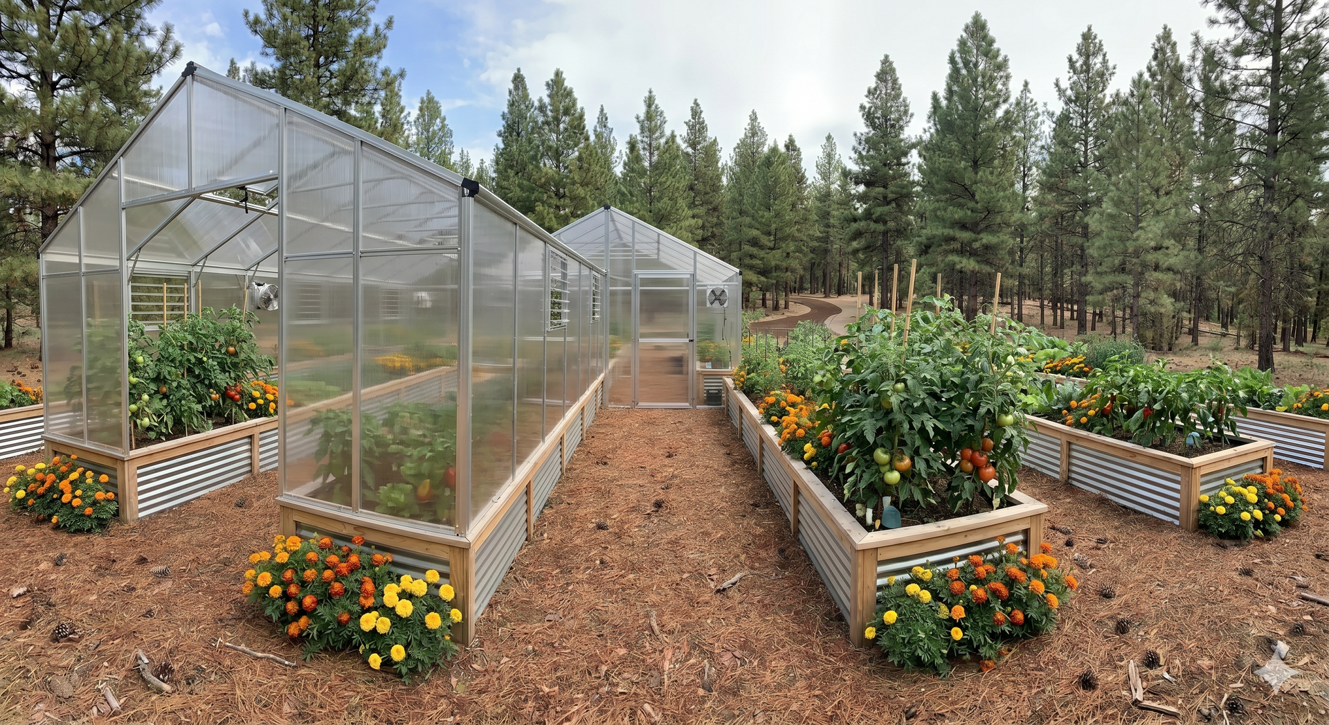 Light green corrugated metal raised garden beds filled with vegetables sit on a gravel path in a sunny, fenced-in garden.