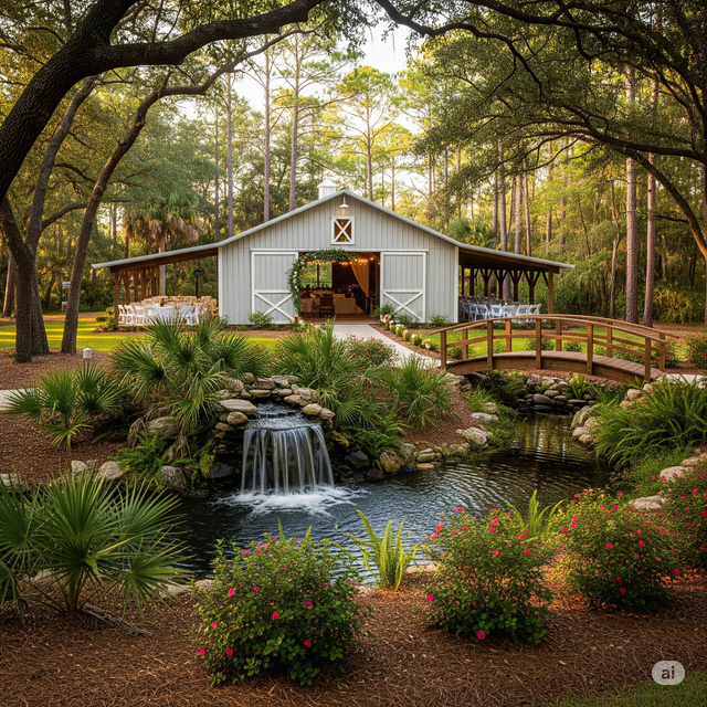 A scenic view of a grey barn venue nestled among trees, featuring a front pond, a small waterfall, and a wooden bridge.