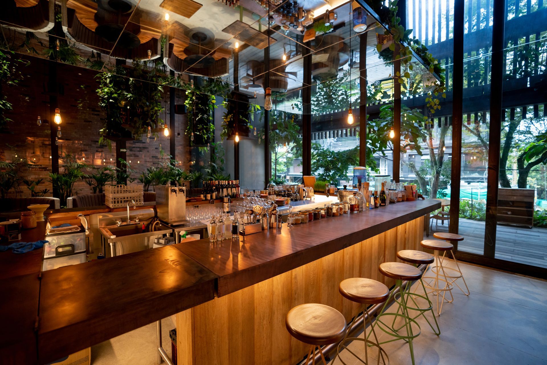 Bar with wooden counter, stools, and mirrored ceiling; plants and glass walls; daylight.