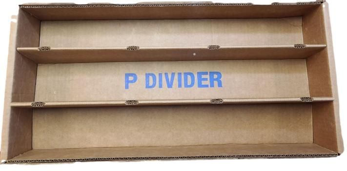 A cardboard box with p divider written on it