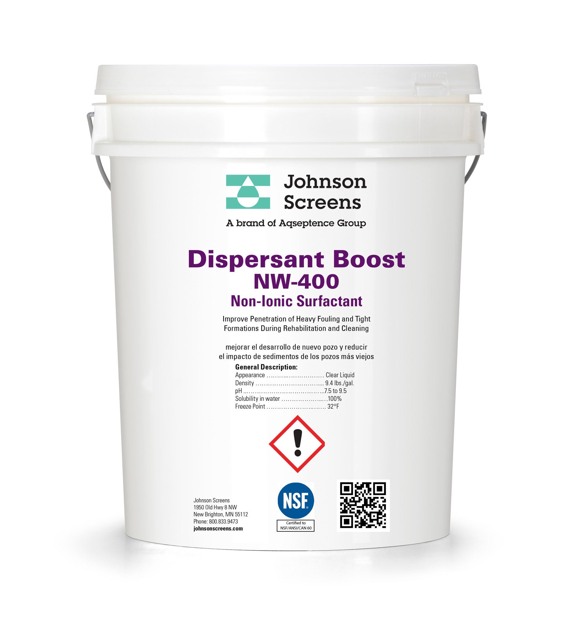 A white bucket of johnson screens dispersant boost nw 400 on a white background.