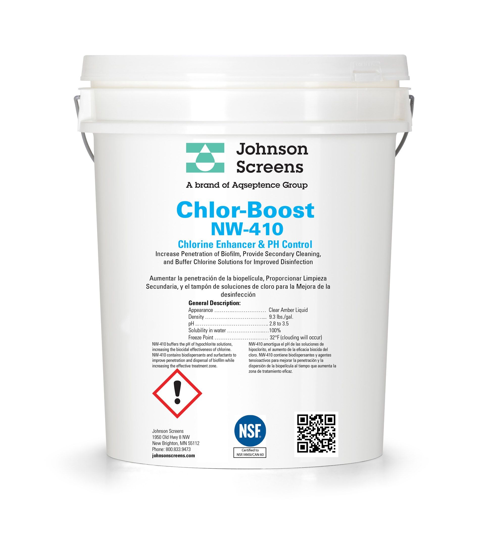 A white bucket of johnson screens chlor boost nw 410 on a white background.