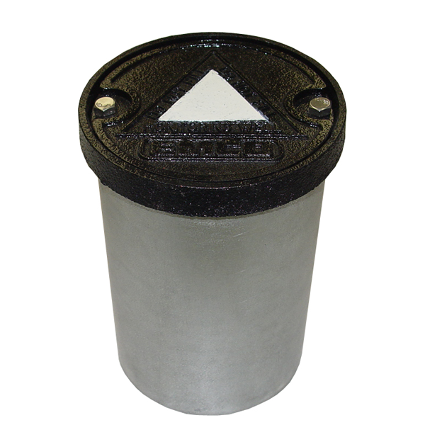 A metal container with a black lid and a white triangle on it