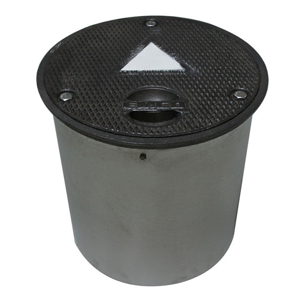 A metal container with a black lid and a white triangle on it