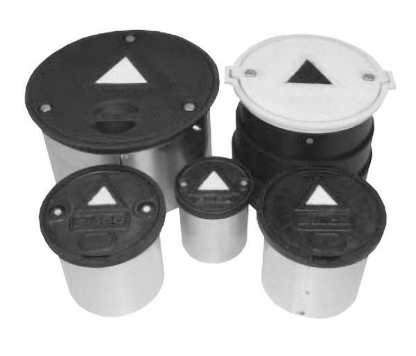 A group of metal containers with triangles on the lids