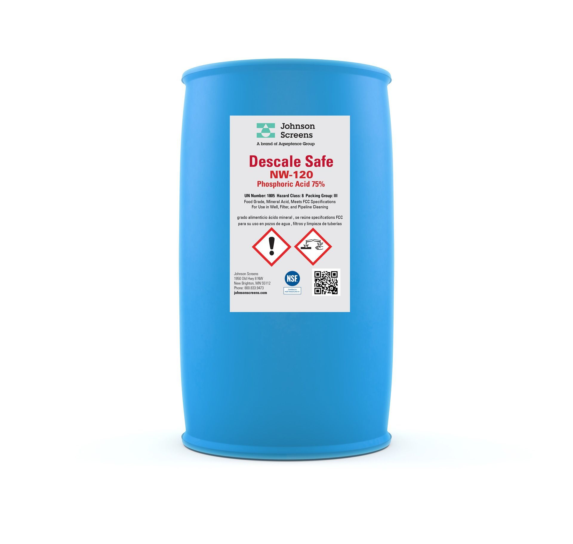 A blue barrel with a label that says descal safe