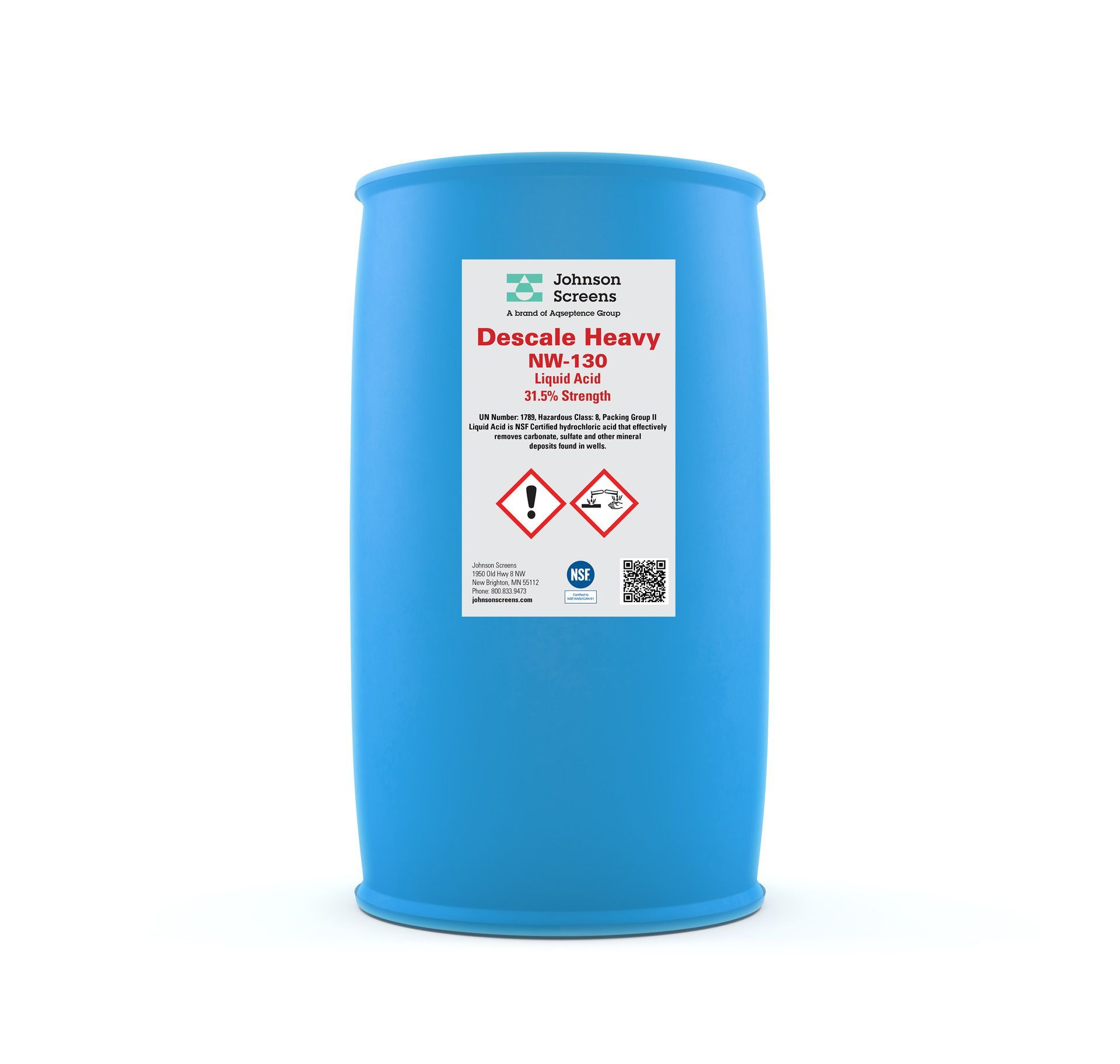 A blue barrel with a white label on it