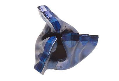 A close up of a blue drill bit on a white background.