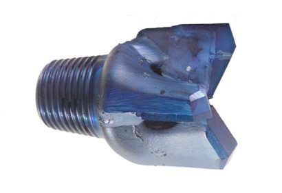 A close up of a blue drill bit on a white background.