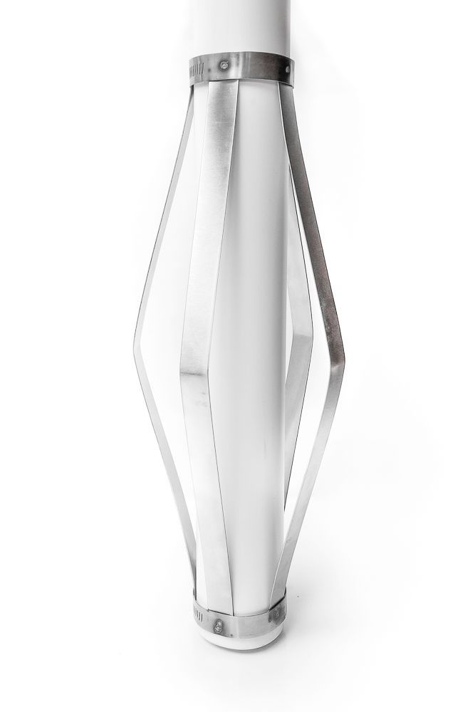 A white vase with a metal frame around it on a white background.