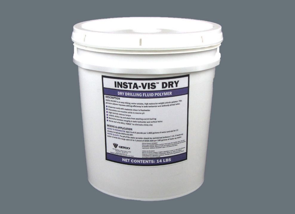 A bucket of insta-vis dry is sitting on a gray surface.