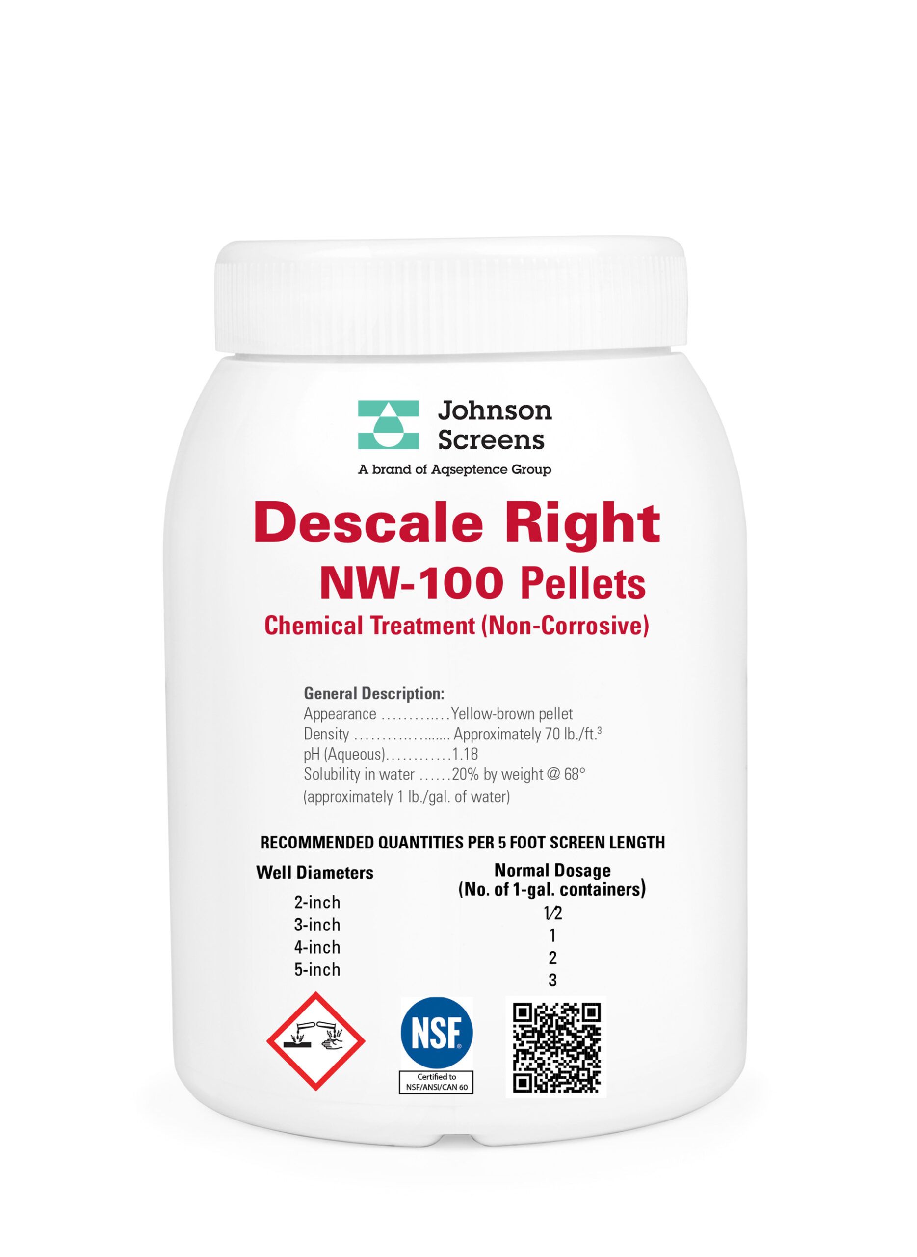 A white bottle of descale right nw-100 pellets on a white background.