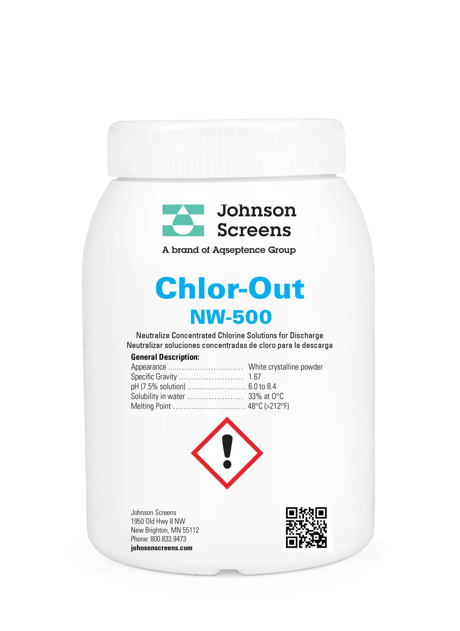 A bottle of johnson screens chlor-out nw 500 on a white background.