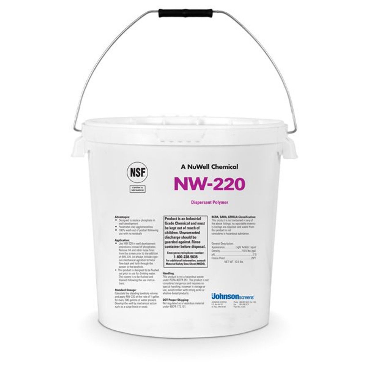 A bucket of a nuwell chemical nw-220 on a white background