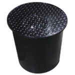 A black bucket with a metal lid on top of it.