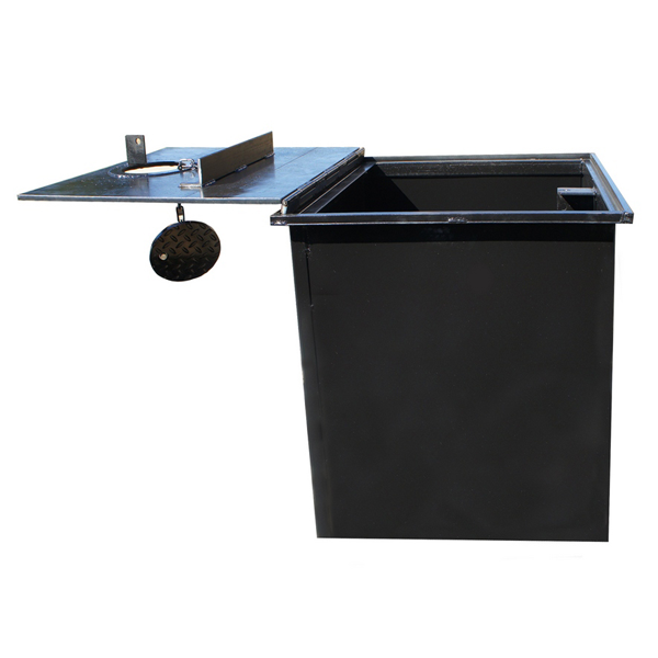 A black box with a metal lid on a white background