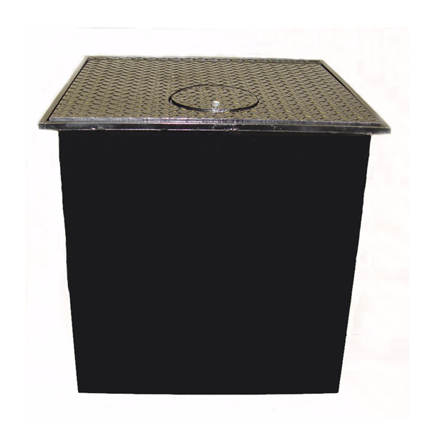 A black box with a metal lid on a white background