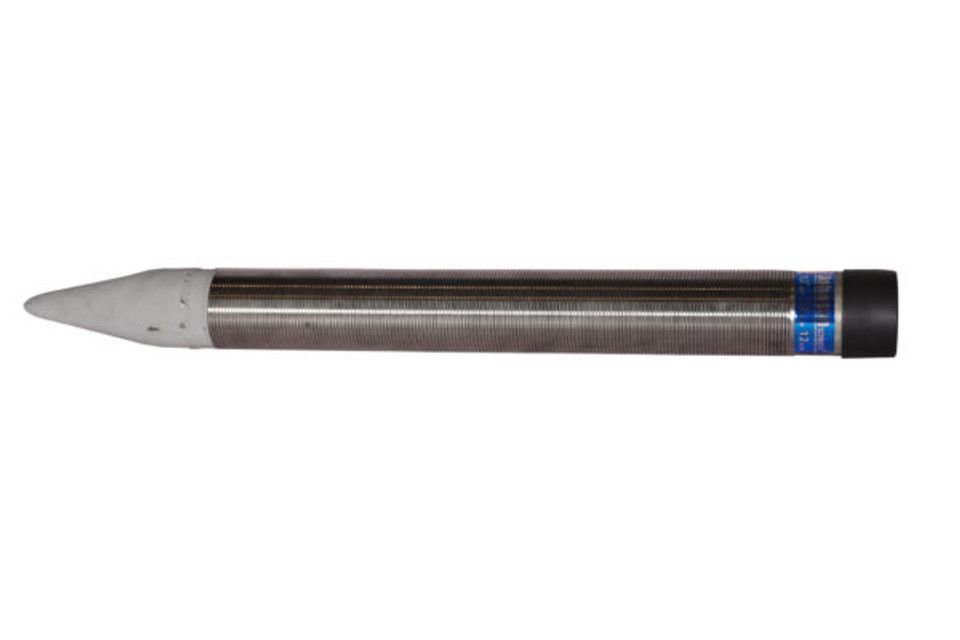 A metal pen with a white tip on a white background.