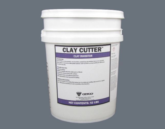 A white bucket with a purple label that says clay cutter