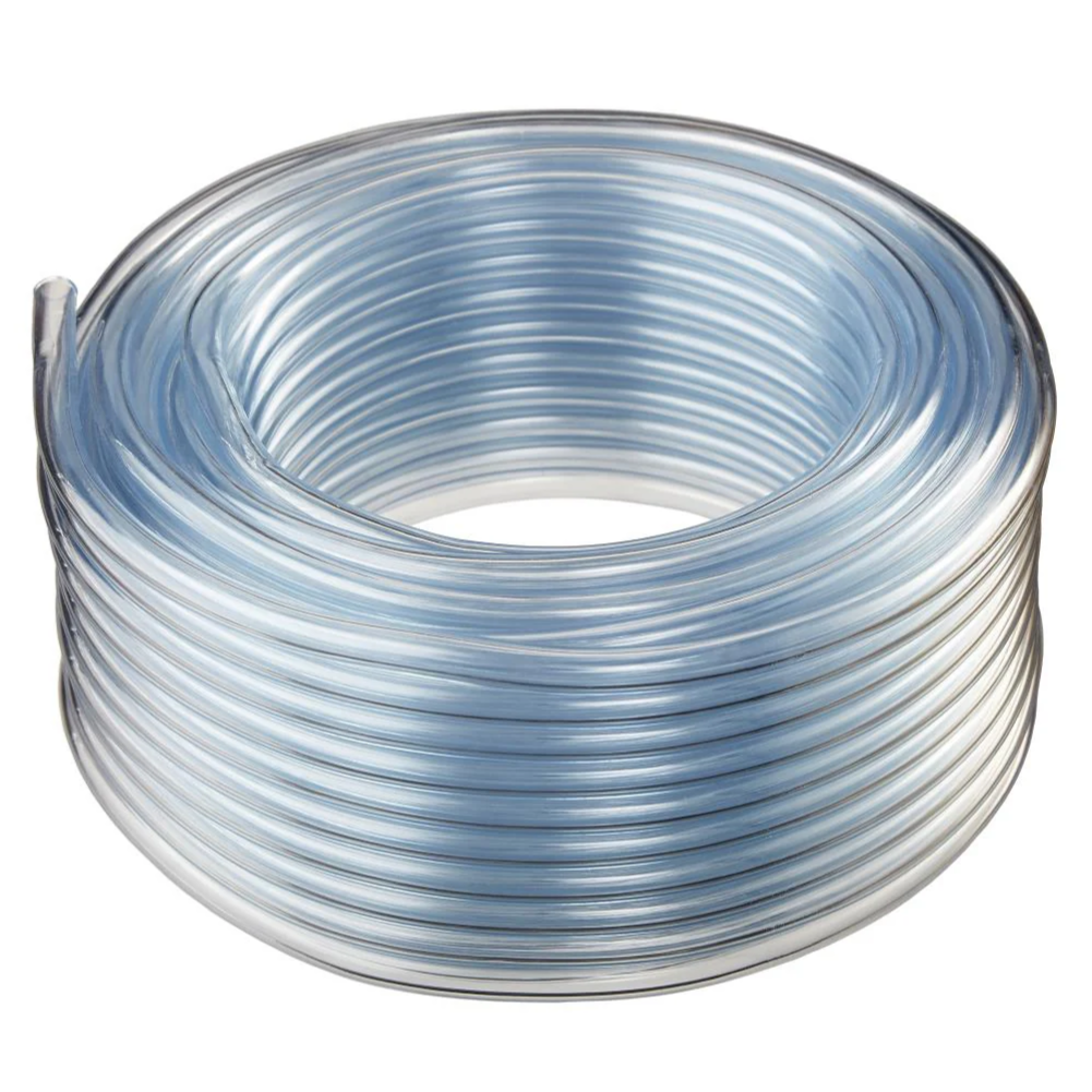 A spool of clear plastic hose on a white background