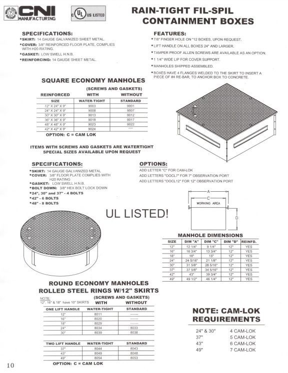 A brochure for rain-tight fill-spill containment boxes.