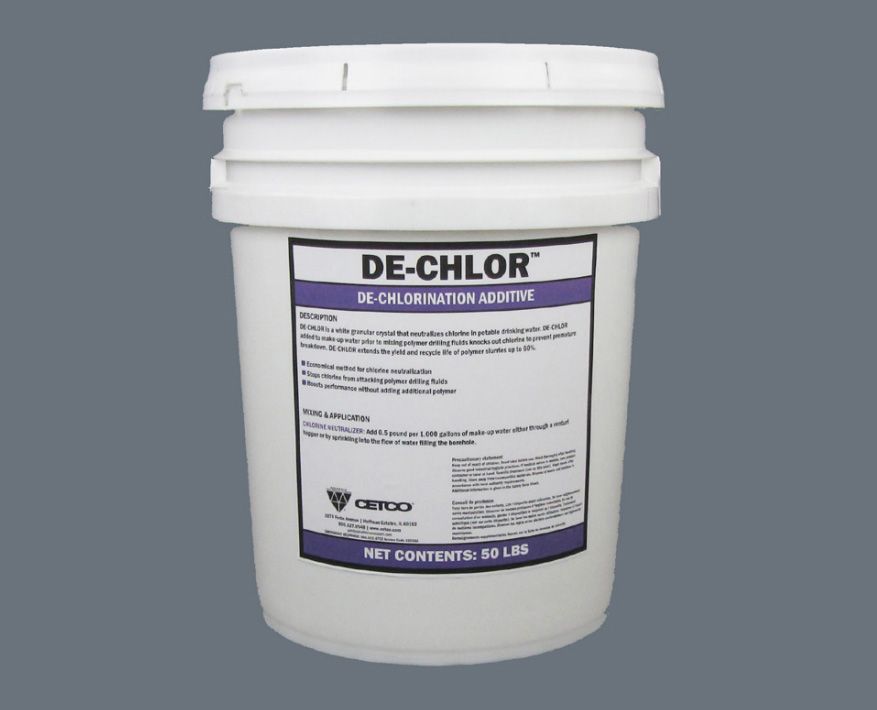 A white bucket of de-chlor on a gray background