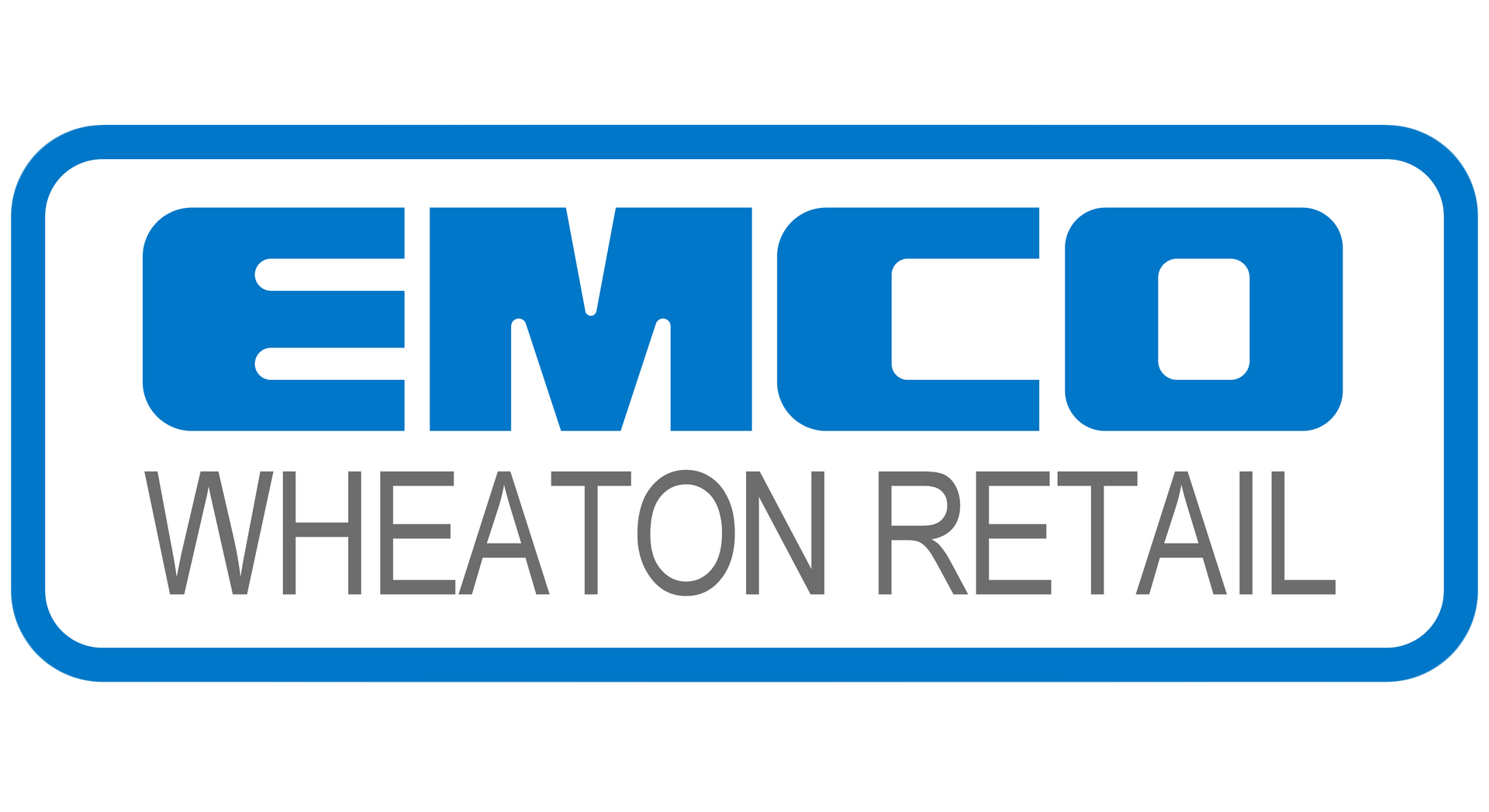 The logo for emco wheaton retail is blue and white.
