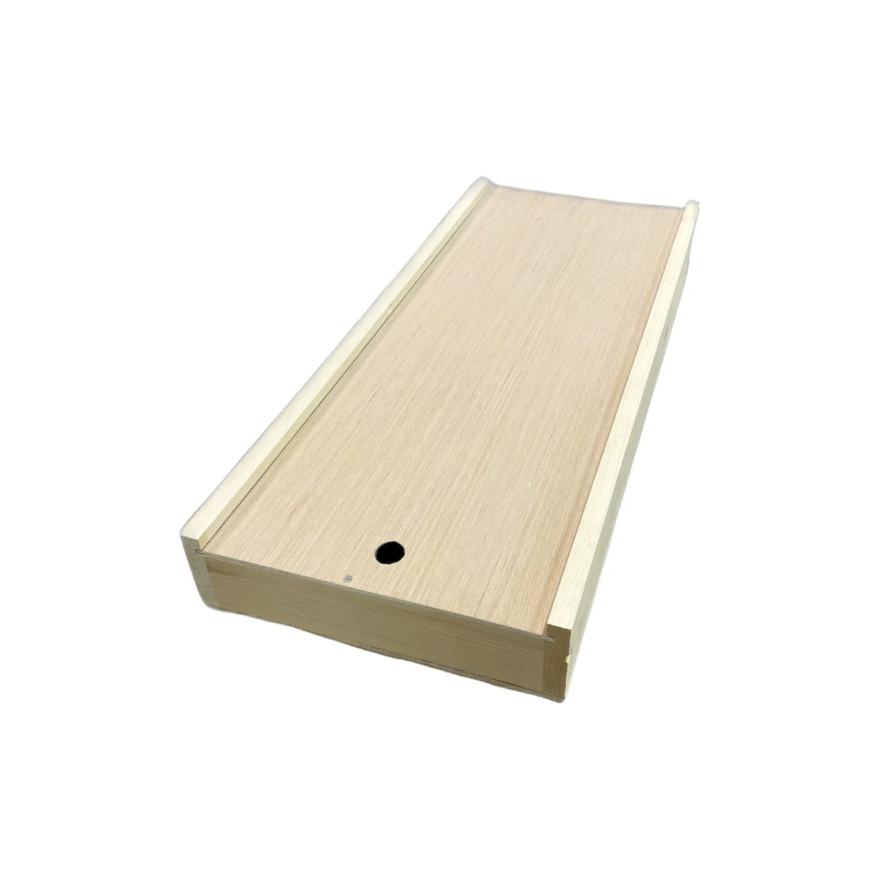 A wooden box with a hole in the middle on a white background.