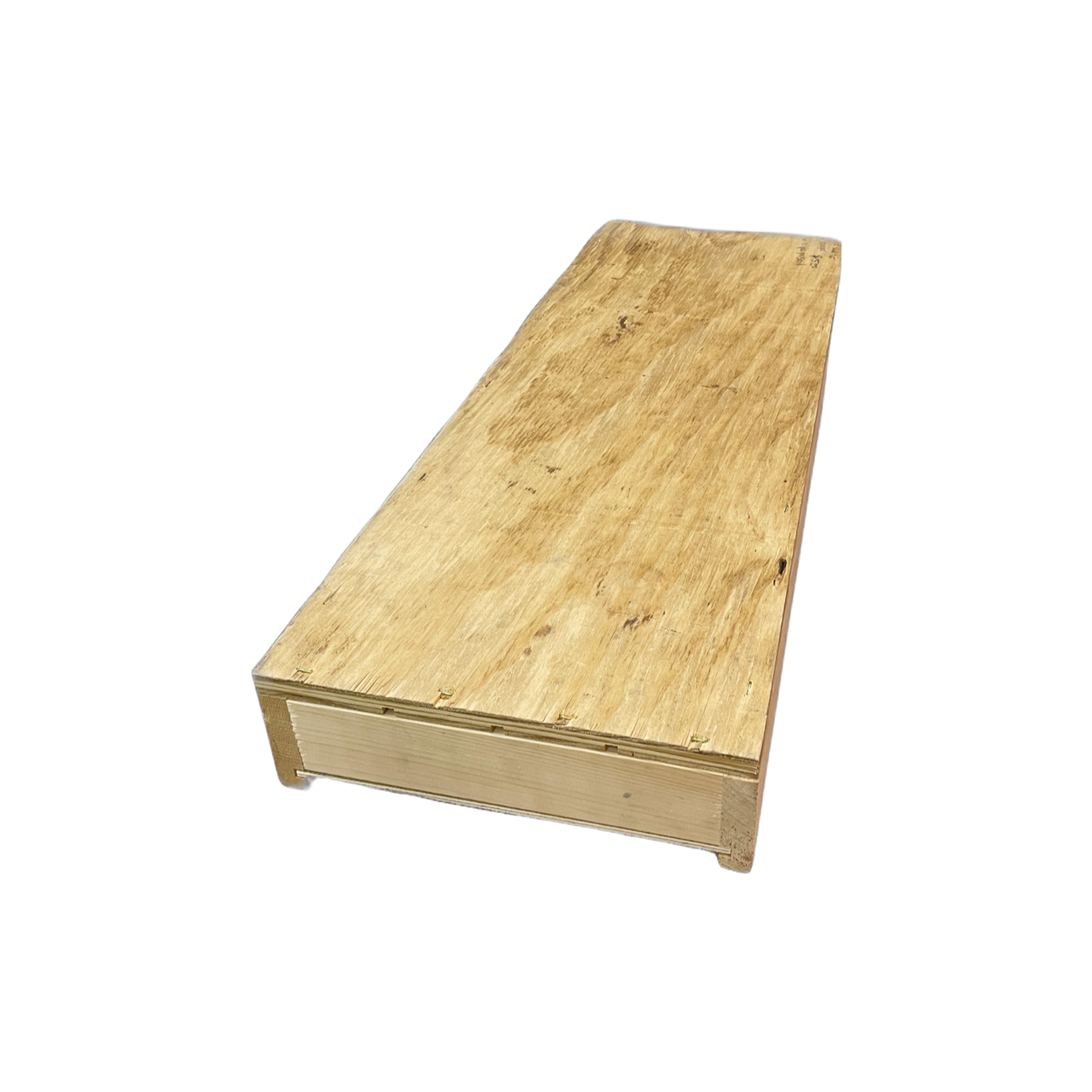 A wooden box with a hole in the middle on a white background.